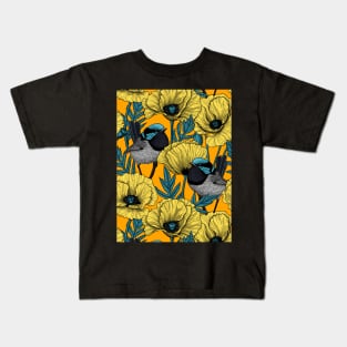 Fairy wrens and yellow poppies Kids T-Shirt